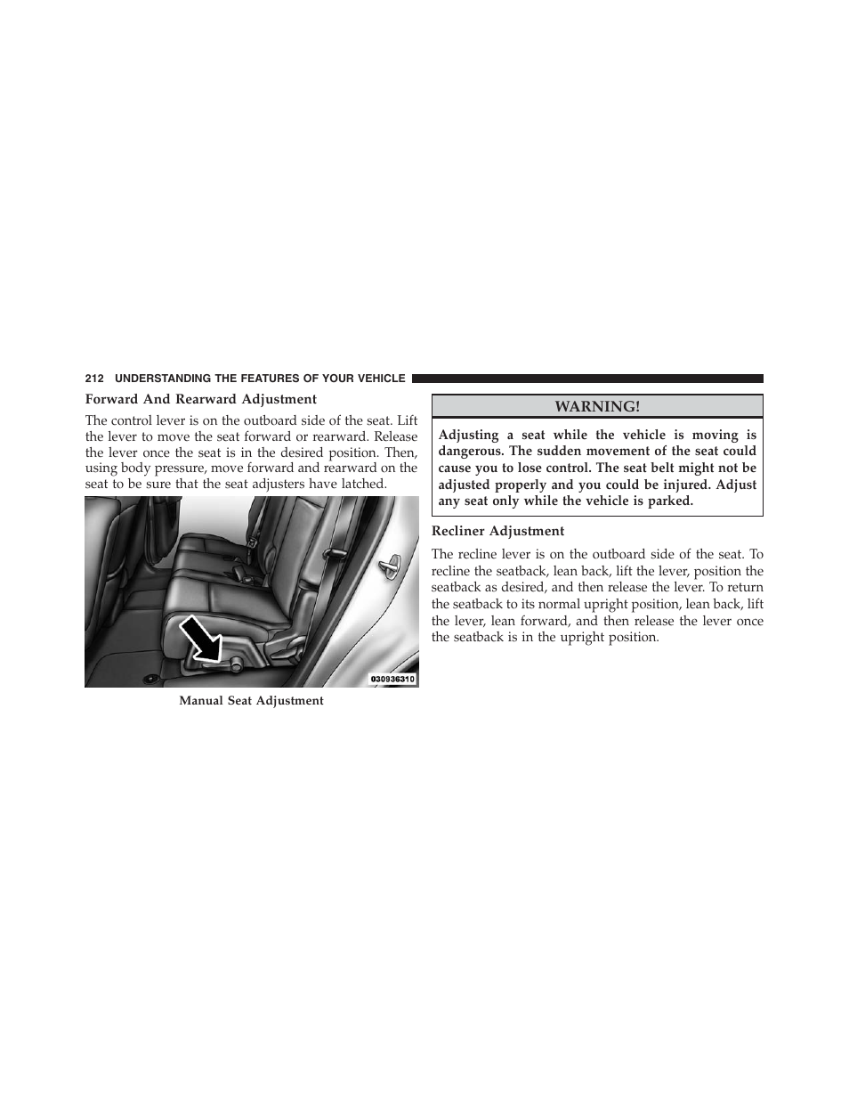 Forward and rearward adjustment, Recliner adjustment | Dodge 2013 Journey - Owner Manual User Manual | Page 214 / 630