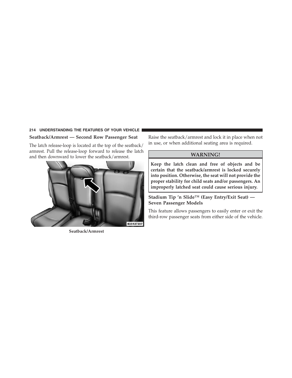 Seatback/armrest — second row passenger seat | Dodge 2013 Journey - Owner Manual User Manual | Page 216 / 630