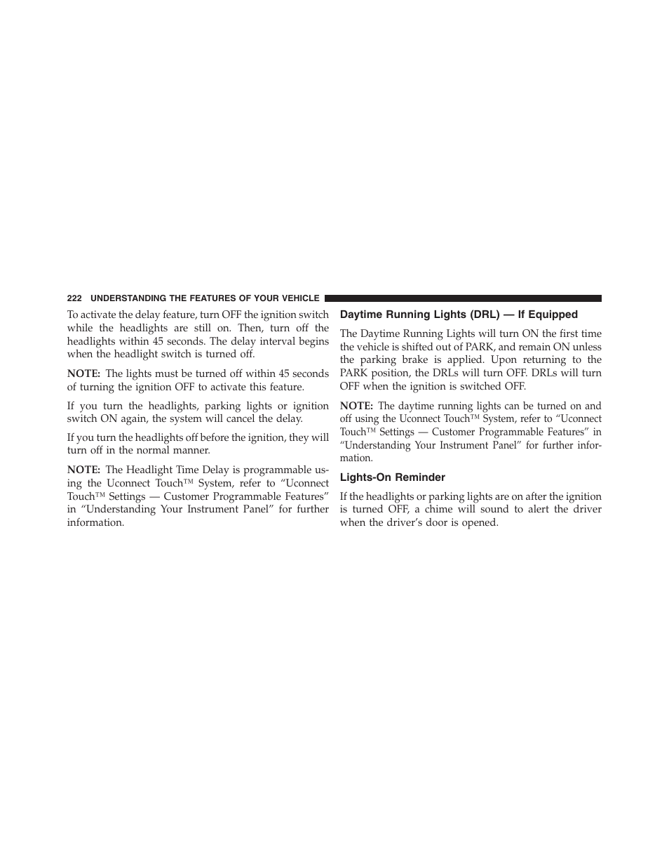 Daytime running lights (drl) — if equipped, Lights-on reminder, Daytime running lights (drl) | If equipped | Dodge 2013 Journey - Owner Manual User Manual | Page 224 / 630