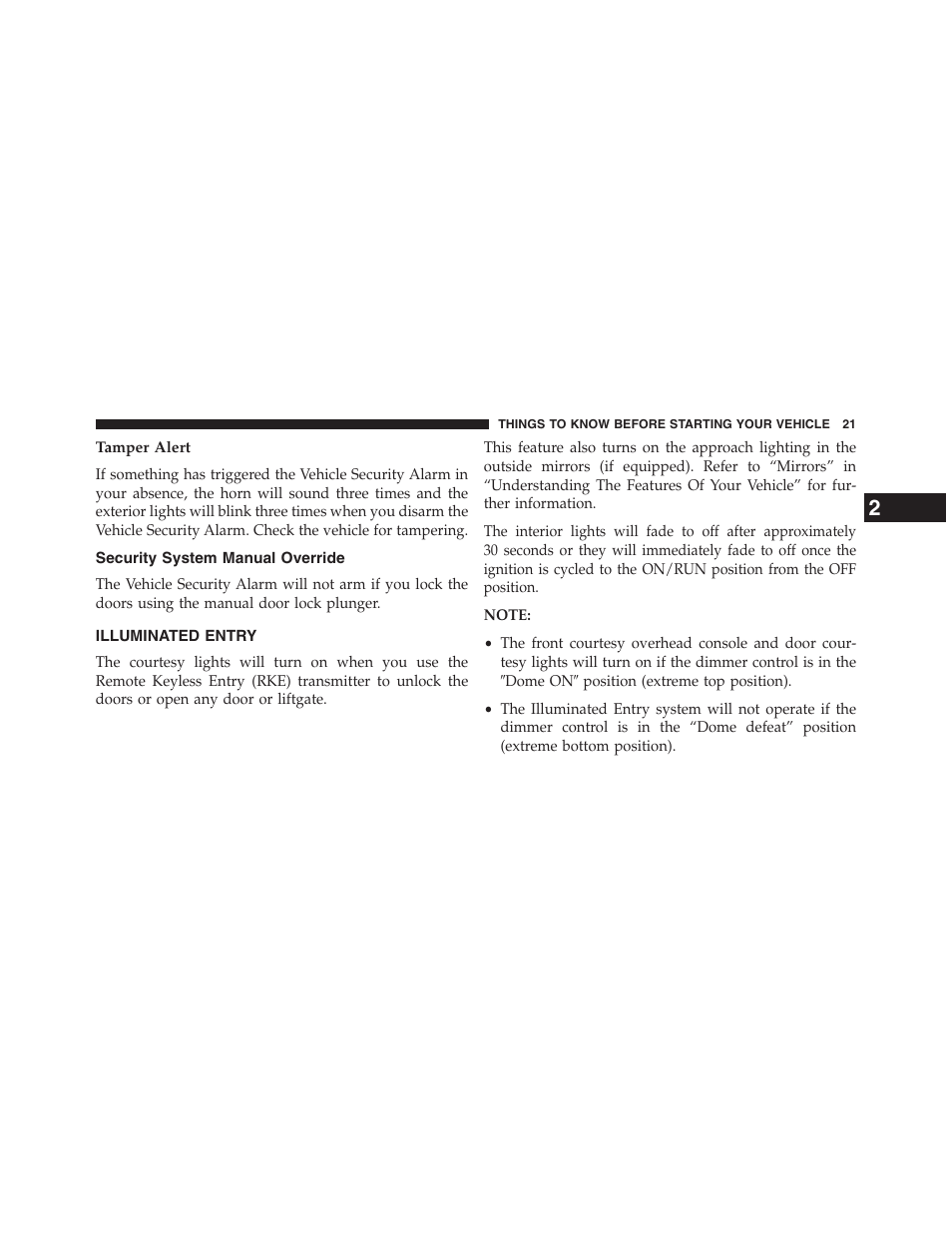 Tamper alert, Security system manual override, Illuminated entry | Dodge 2013 Journey - Owner Manual User Manual | Page 23 / 630