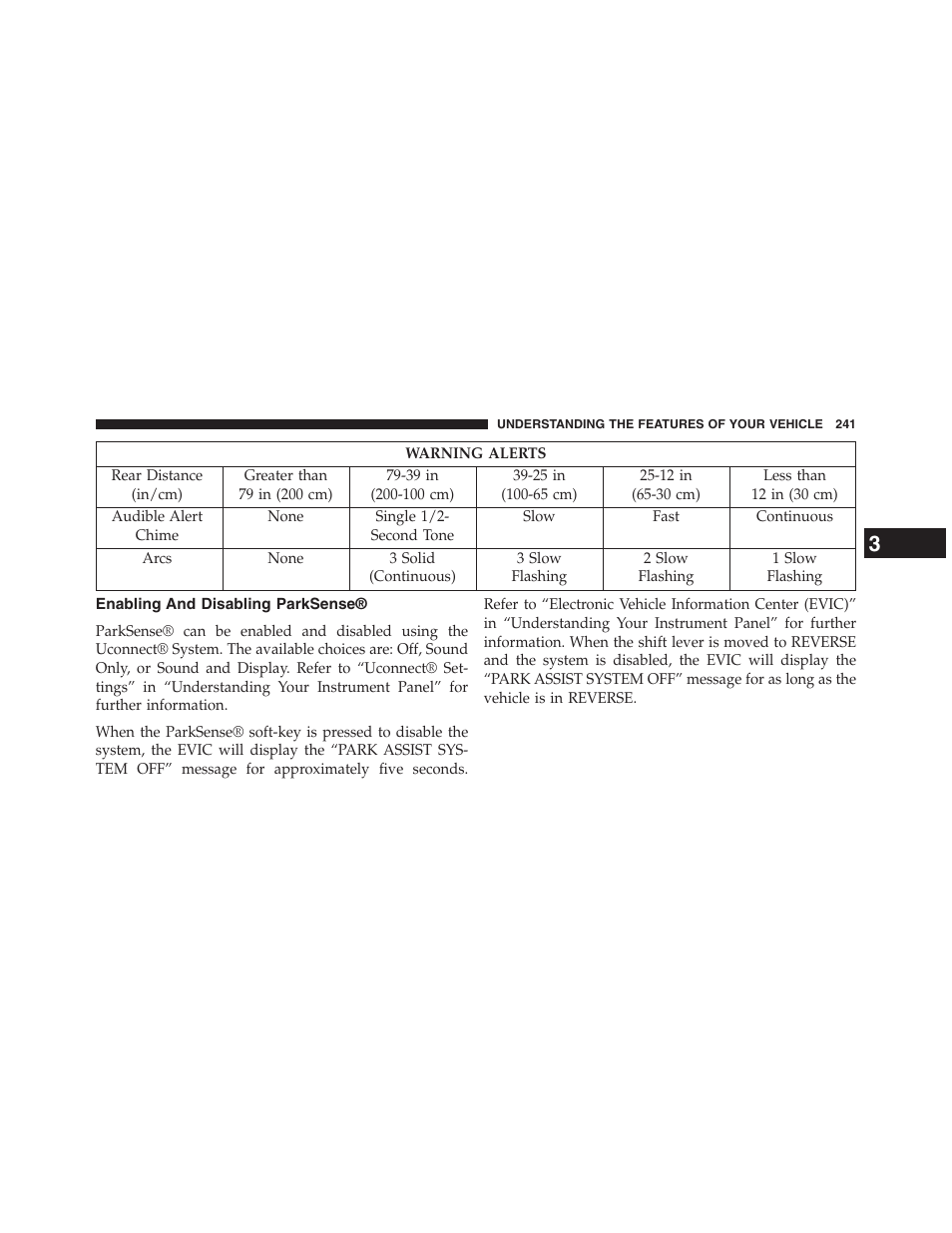 Enabling and disabling parksense | Dodge 2013 Journey - Owner Manual User Manual | Page 243 / 630