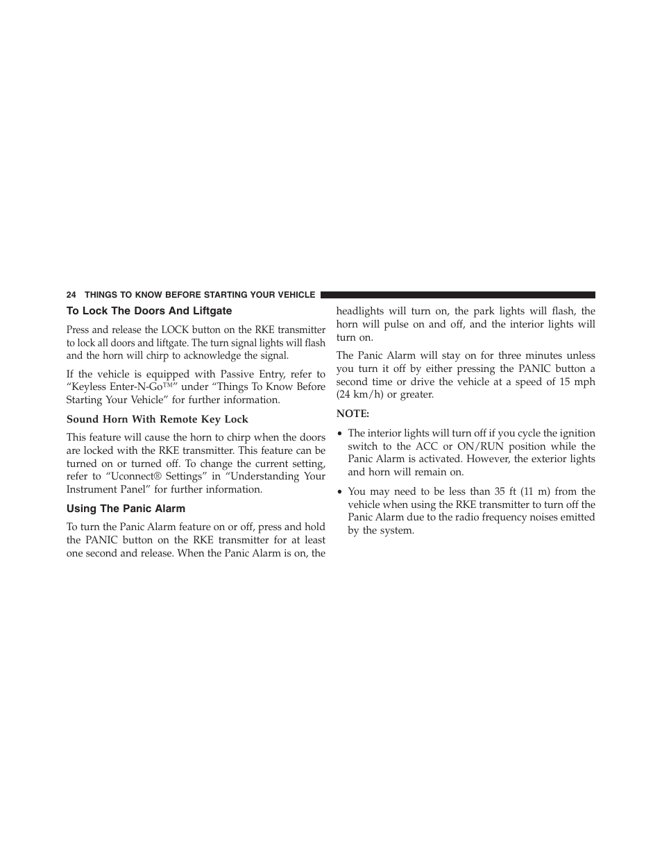 To lock the doors and liftgate, Sound horn with remote key lock, Using the panic alarm | Dodge 2013 Journey - Owner Manual User Manual | Page 26 / 630