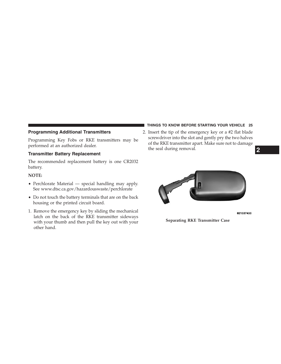 Programming additional transmitters, Transmitter battery replacement | Dodge 2013 Journey - Owner Manual User Manual | Page 27 / 630