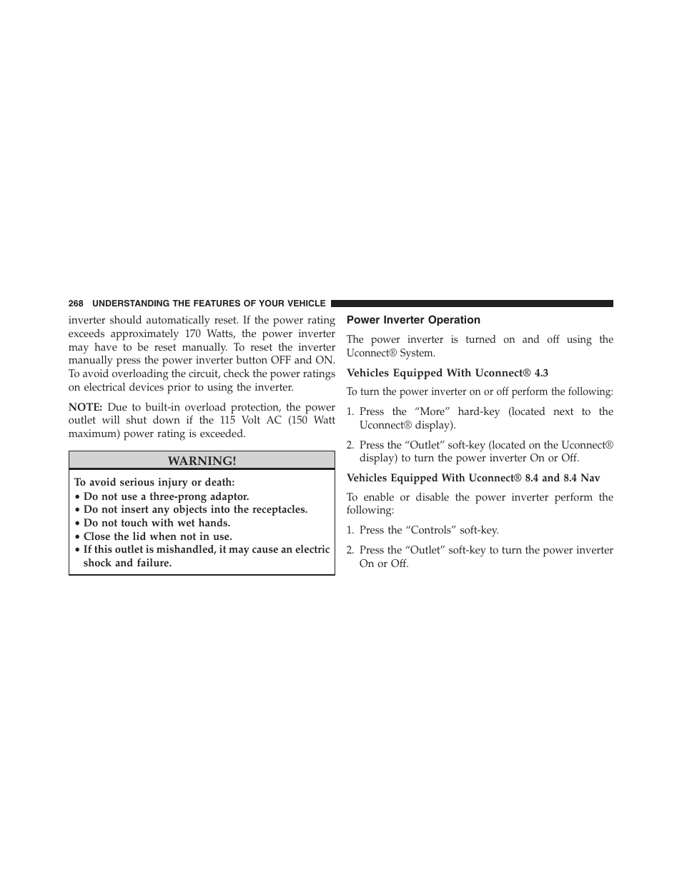 Power inverter operation, Vehicles equipped with uconnect® 4.3, Vehicles equipped with uconnect® 8.4 and 8.4 nav | Dodge 2013 Journey - Owner Manual User Manual | Page 270 / 630