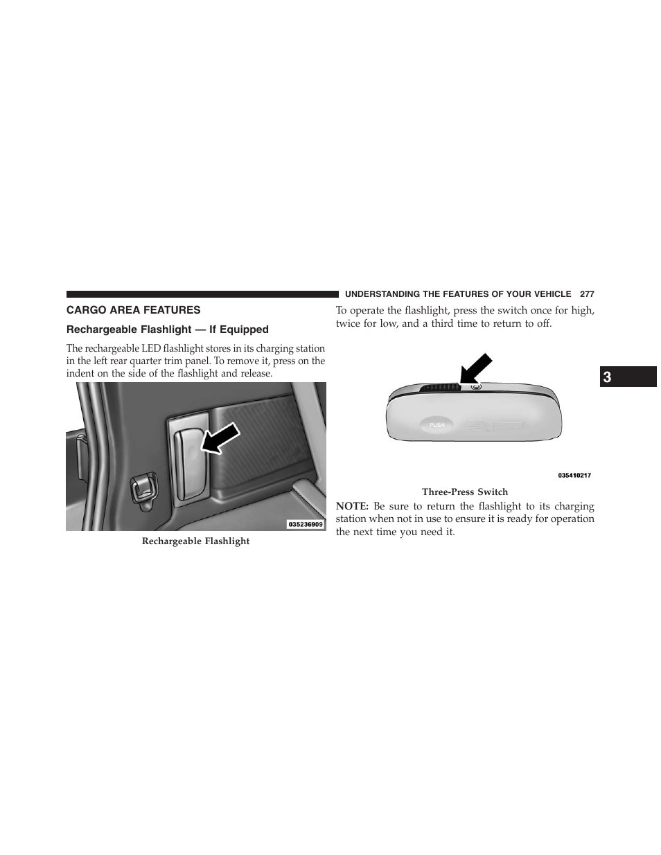 Cargo area features, Rechargeable flashlight — if equipped | Dodge 2013 Journey - Owner Manual User Manual | Page 279 / 630