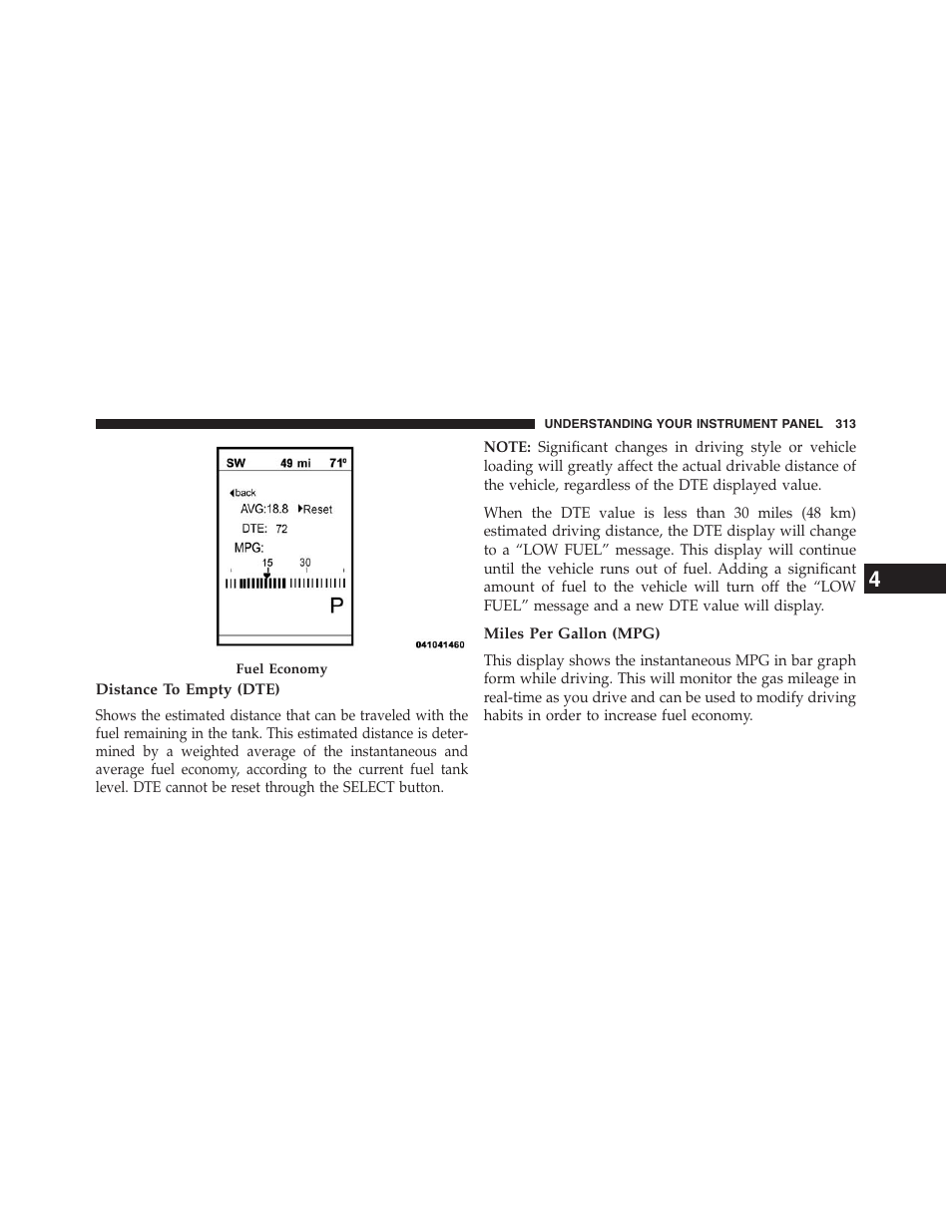 Distance to empty (dte), Miles per gallon (mpg) | Dodge 2013 Journey - Owner Manual User Manual | Page 315 / 630