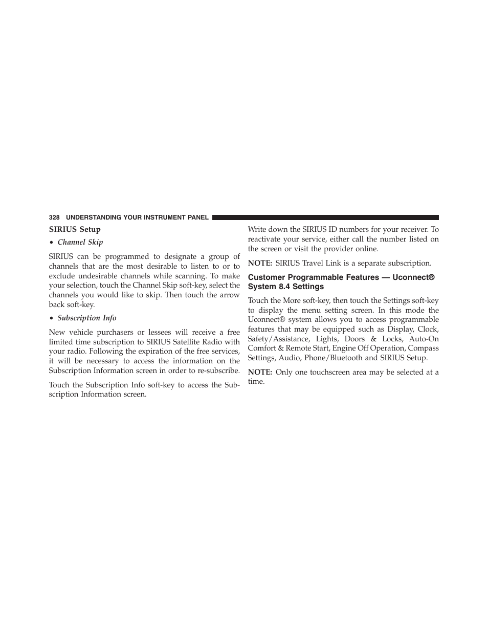 Sirius setup, Customer programmable features, Uconnect® system 8.4 settings | Dodge 2013 Journey - Owner Manual User Manual | Page 330 / 630