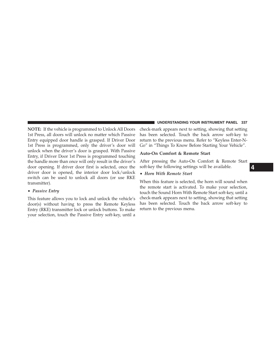 Auto-on comfort & remote start | Dodge 2013 Journey - Owner Manual User Manual | Page 339 / 630