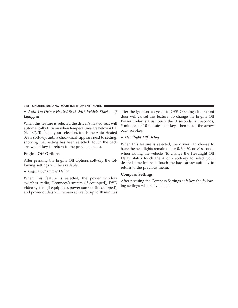 Engine off options, Compass settings | Dodge 2013 Journey - Owner Manual User Manual | Page 340 / 630