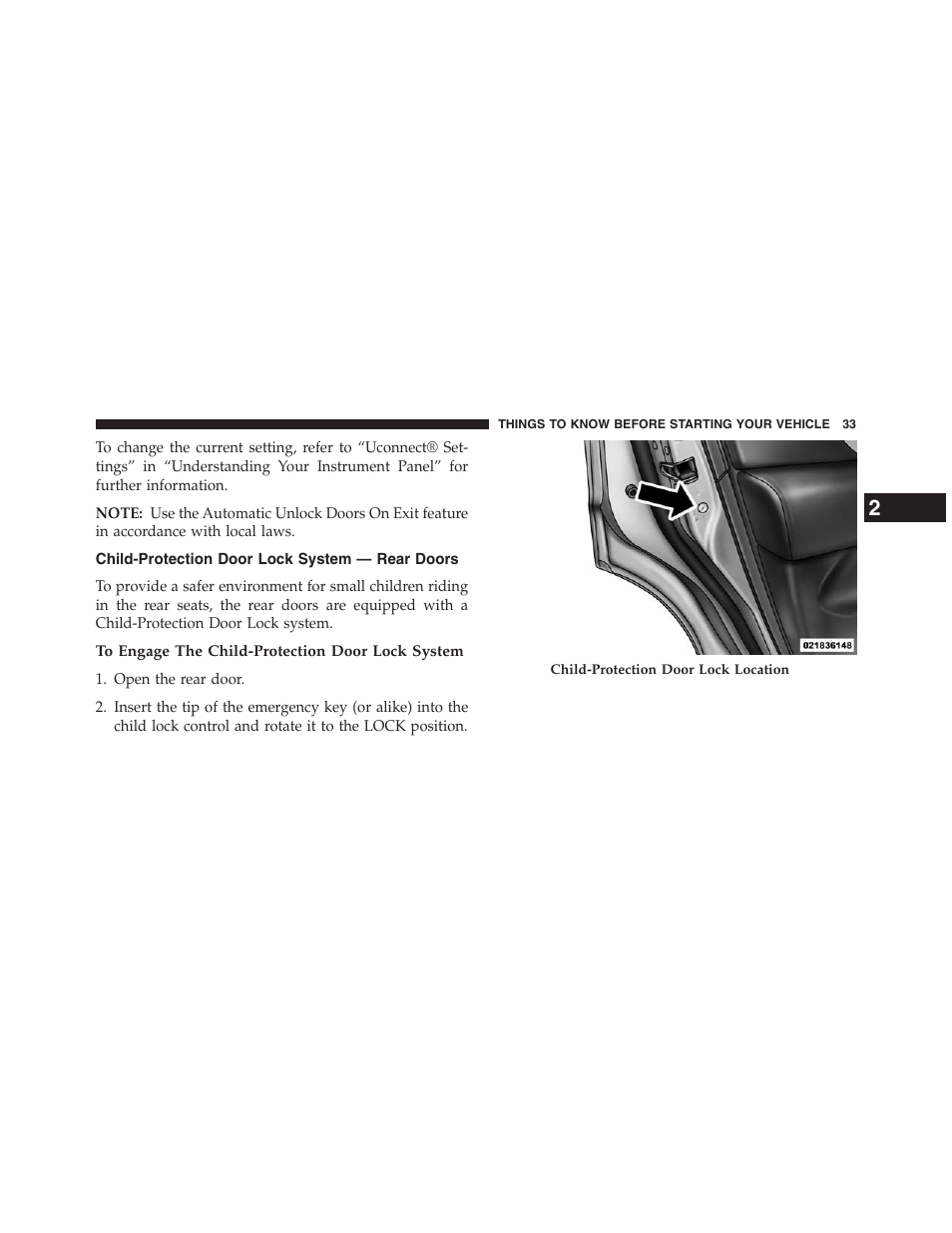 Child-protection door lock system — rear doors, To engage the child-protection door lock system, Child-protection door lock system | Rear doors | Dodge 2013 Journey - Owner Manual User Manual | Page 35 / 630