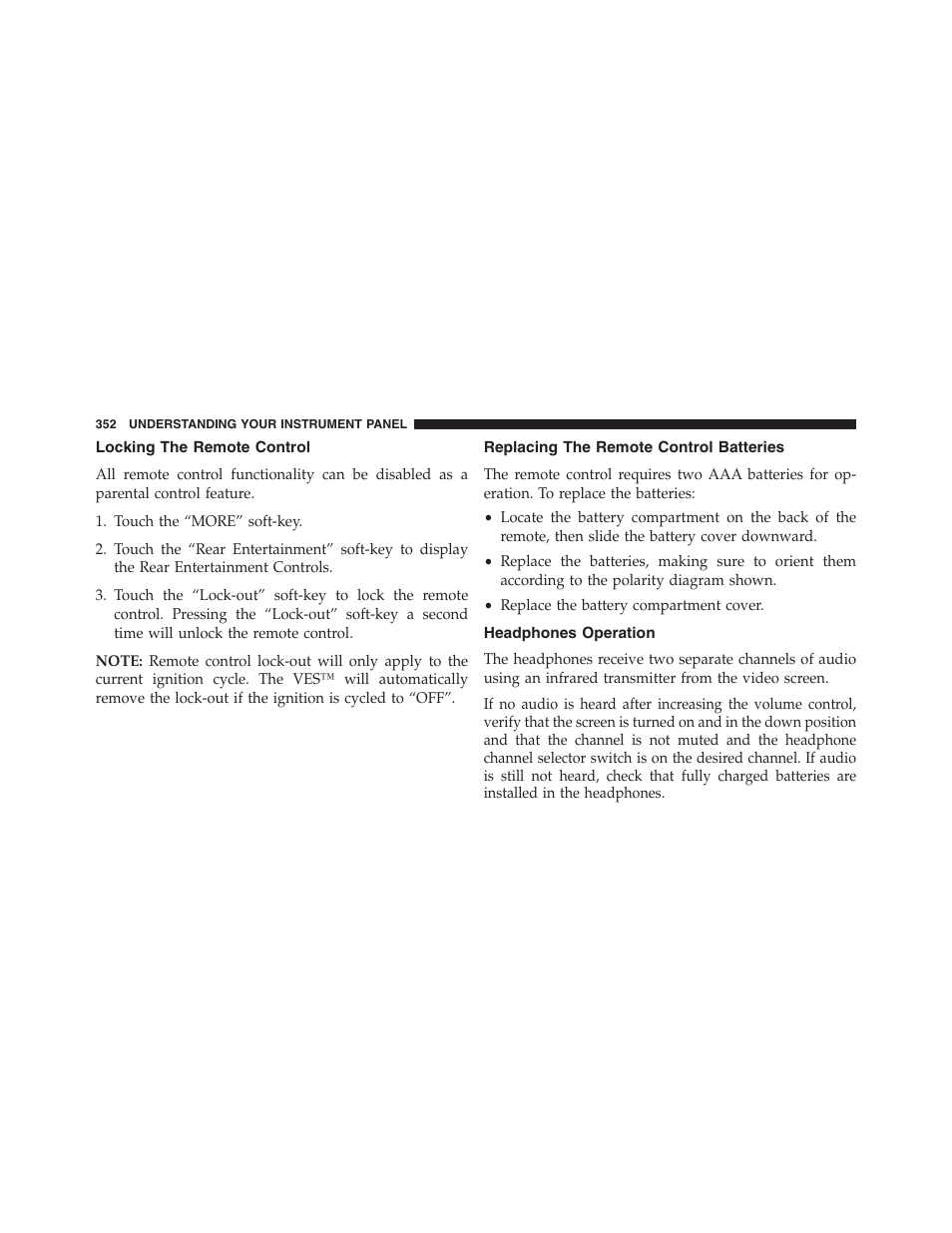 Locking the remote control, Replacing the remote control batteries, Headphones operation | Dodge 2013 Journey - Owner Manual User Manual | Page 354 / 630