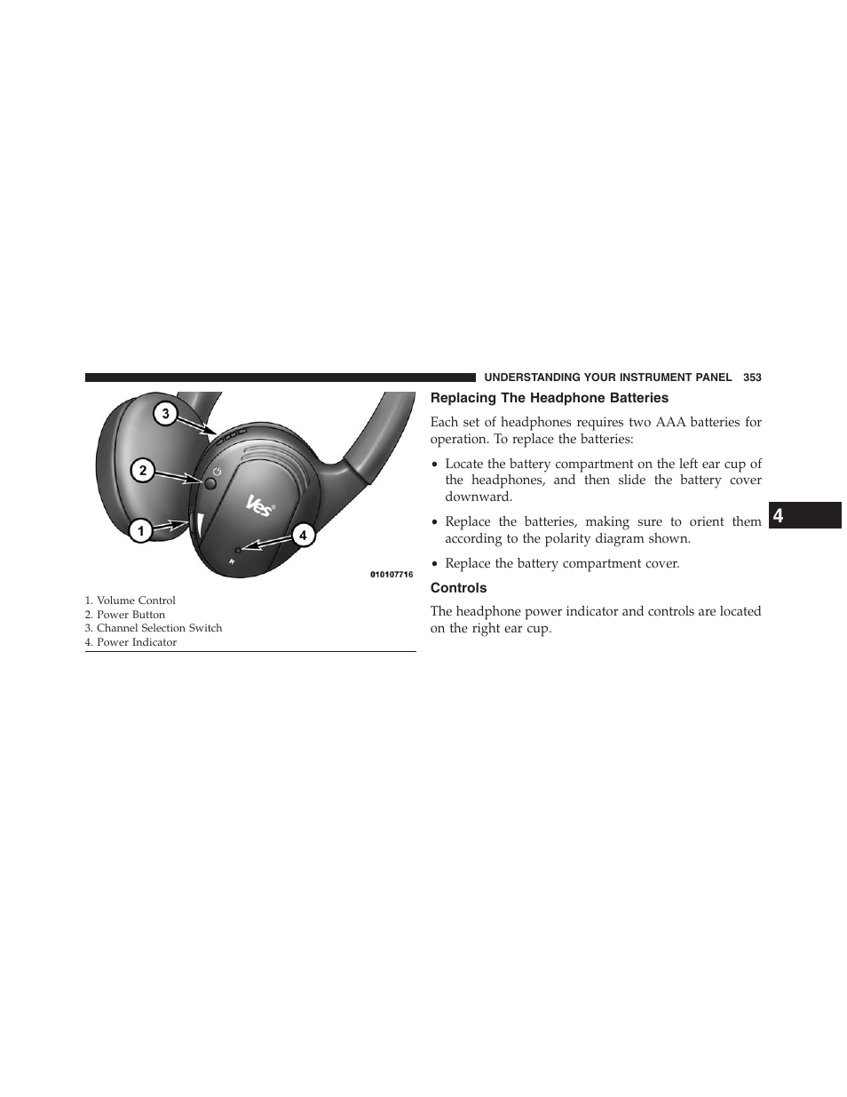 Replacing the headphone batteries, Controls | Dodge 2013 Journey - Owner Manual User Manual | Page 355 / 630