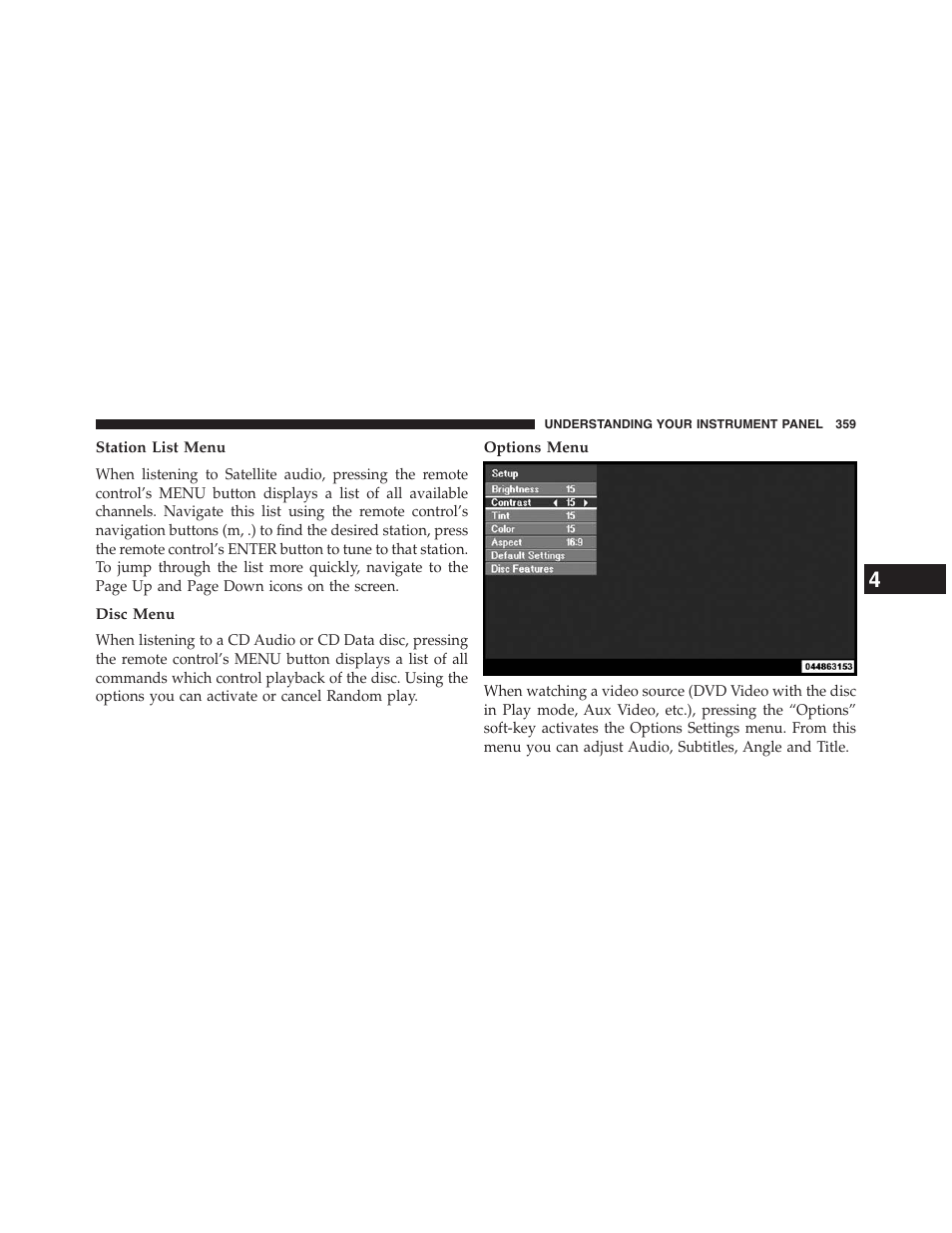 Station list menu, Disc menu, Options menu | Dodge 2013 Journey - Owner Manual User Manual | Page 361 / 630