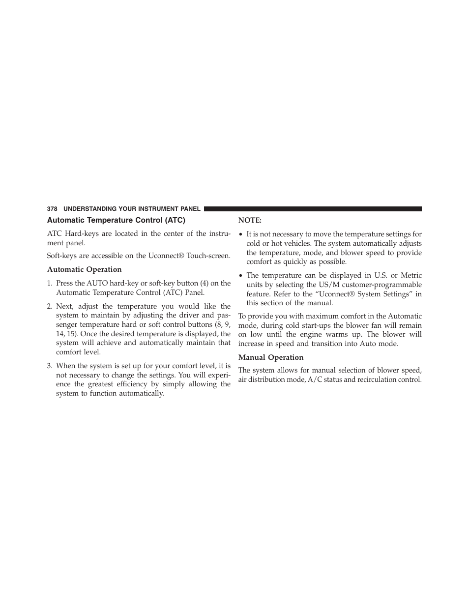 Automatic temperature control (atc), Automatic operation, Manual operation | Dodge 2013 Journey - Owner Manual User Manual | Page 380 / 630