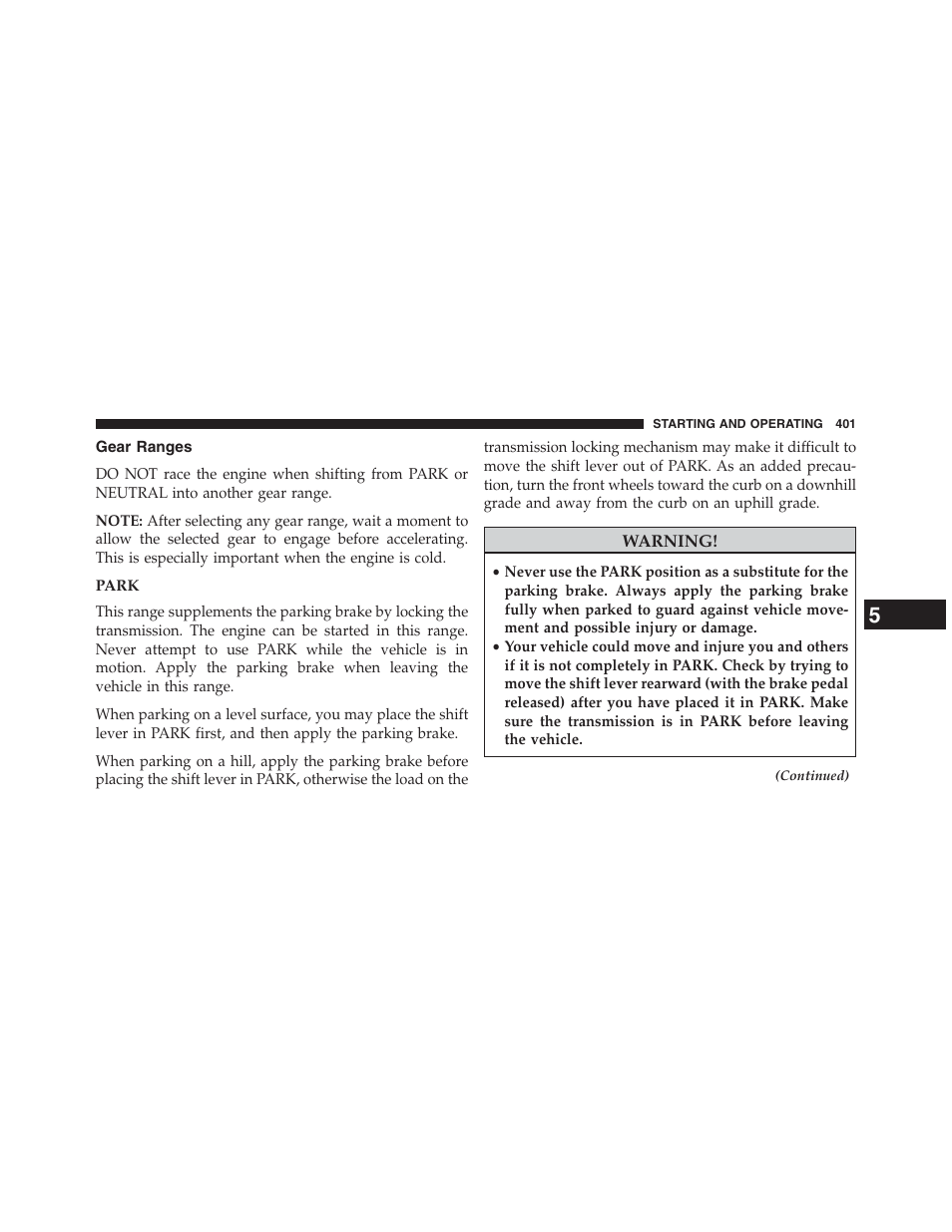 Gear ranges, Park | Dodge 2013 Journey - Owner Manual User Manual | Page 403 / 630