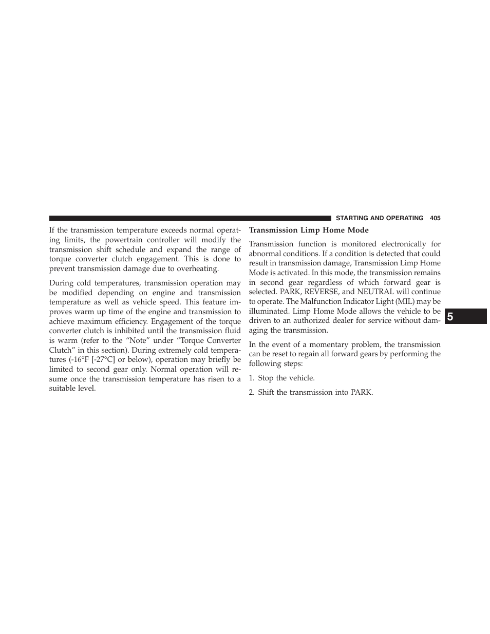 Transmission limp home mode | Dodge 2013 Journey - Owner Manual User Manual | Page 407 / 630