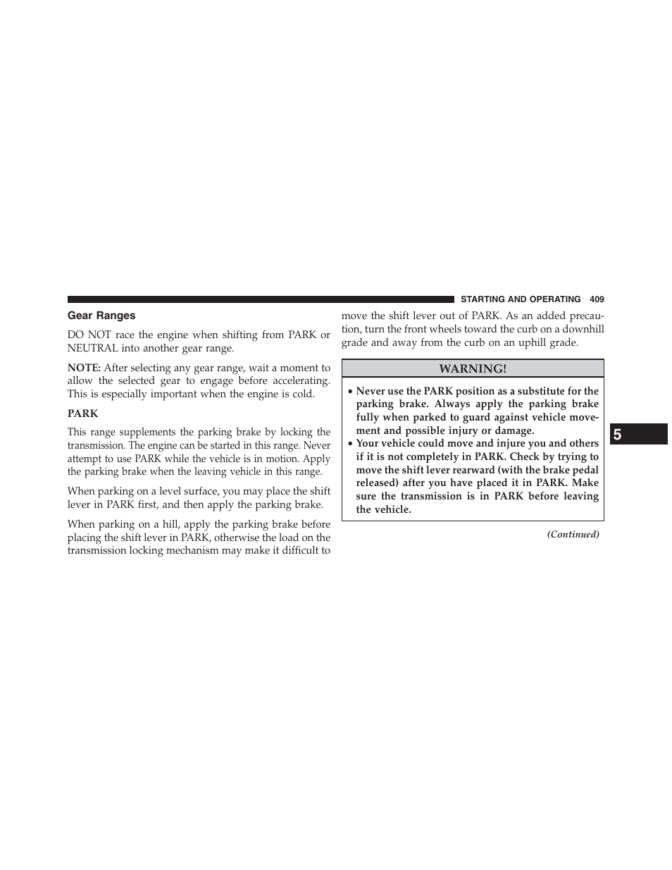 Gear ranges, Park | Dodge 2013 Journey - Owner Manual User Manual | Page 411 / 630