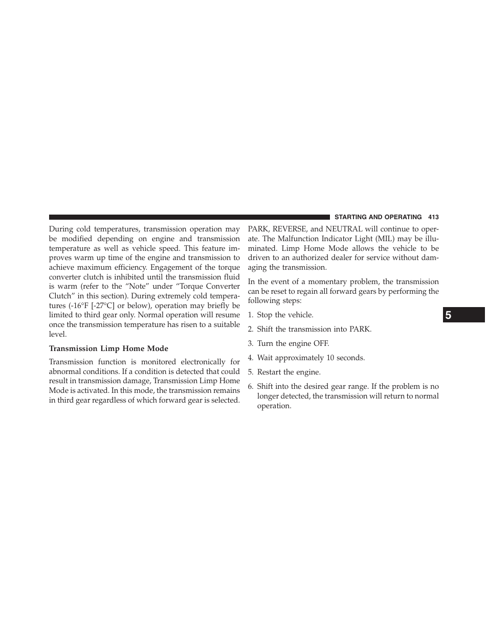 Transmission limp home mode | Dodge 2013 Journey - Owner Manual User Manual | Page 415 / 630