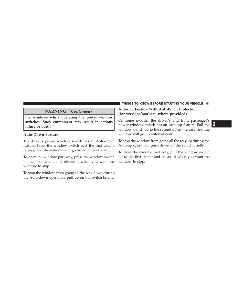 Auto-down feature | Dodge 2013 Journey - Owner Manual User Manual | Page 43 / 630