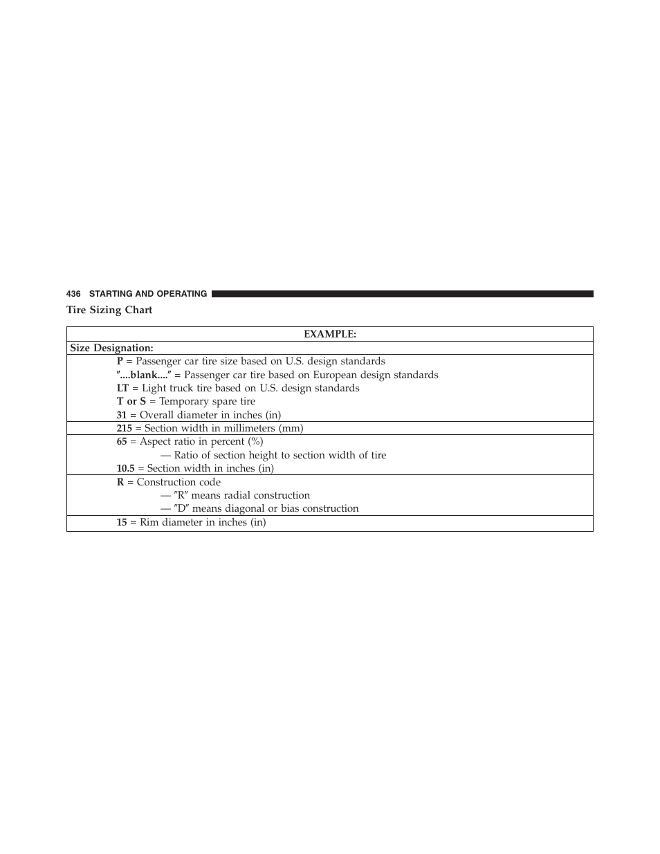 Tire sizing chart | Dodge 2013 Journey - Owner Manual User Manual | Page 438 / 630