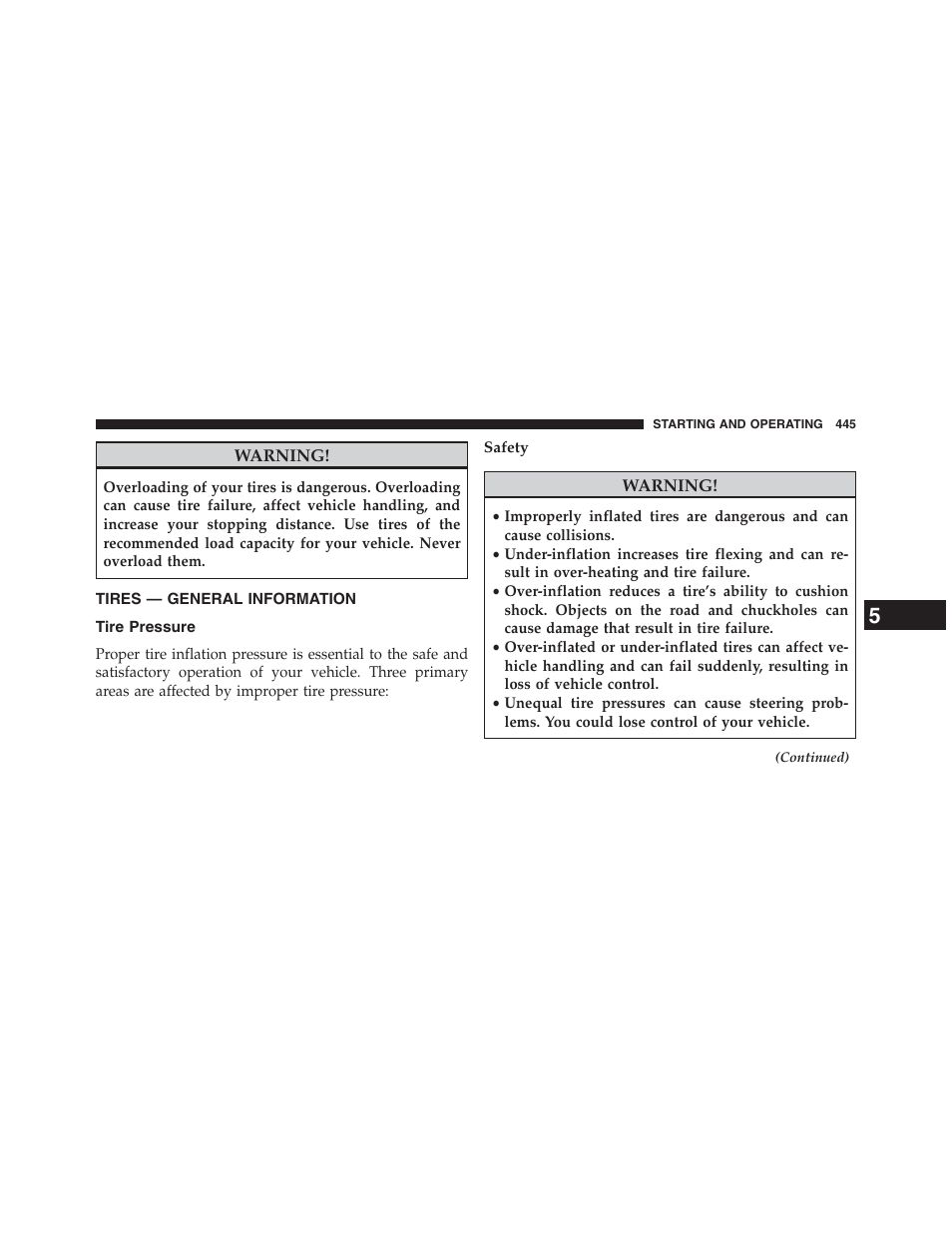 Tires — general information, Tire pressure, Safety | Dodge 2013 Journey - Owner Manual User Manual | Page 447 / 630