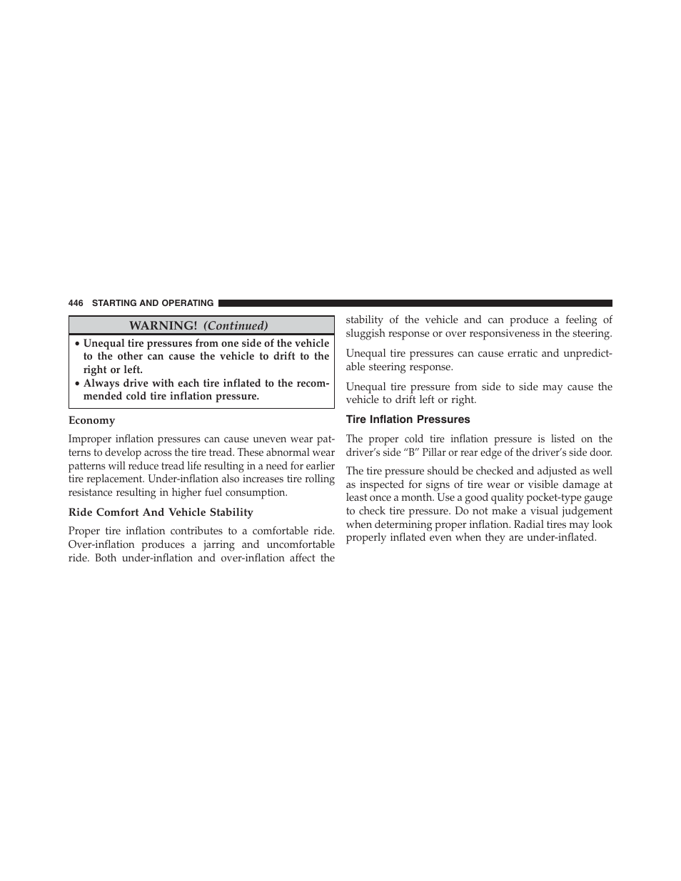 Economy, Ride comfort and vehicle stability, Tire inflation pressures | Dodge 2013 Journey - Owner Manual User Manual | Page 448 / 630