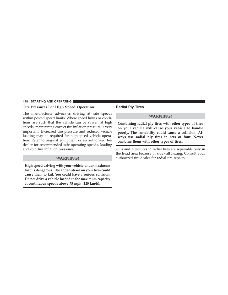 Tire pressures for high speed operation, Radial ply tires | Dodge 2013 Journey - Owner Manual User Manual | Page 450 / 630