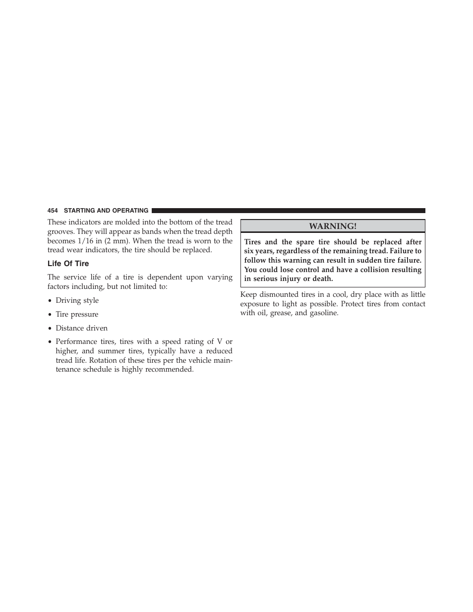 Life of tire | Dodge 2013 Journey - Owner Manual User Manual | Page 456 / 630
