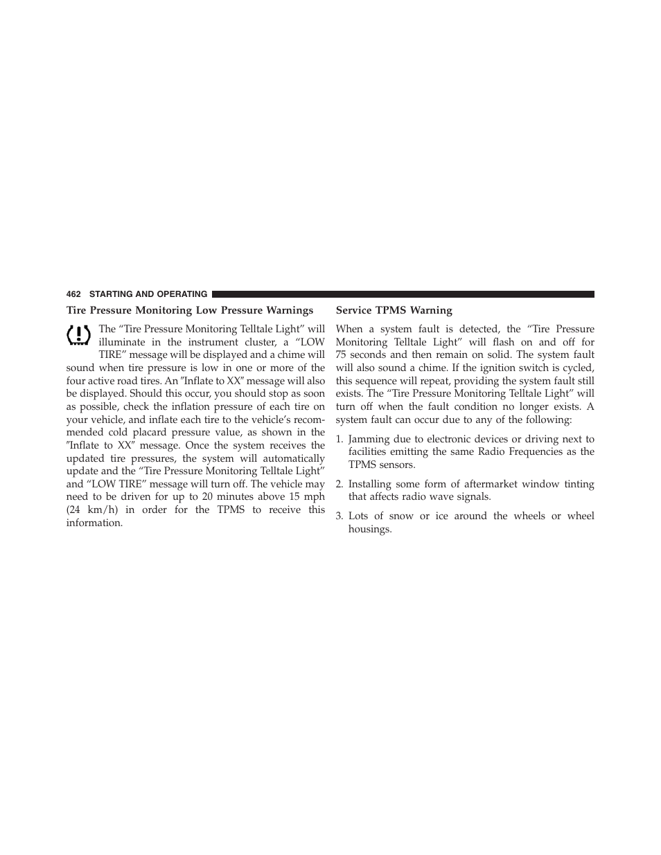 Tire pressure monitoring low pressure warnings, Service tpms warning | Dodge 2013 Journey - Owner Manual User Manual | Page 464 / 630