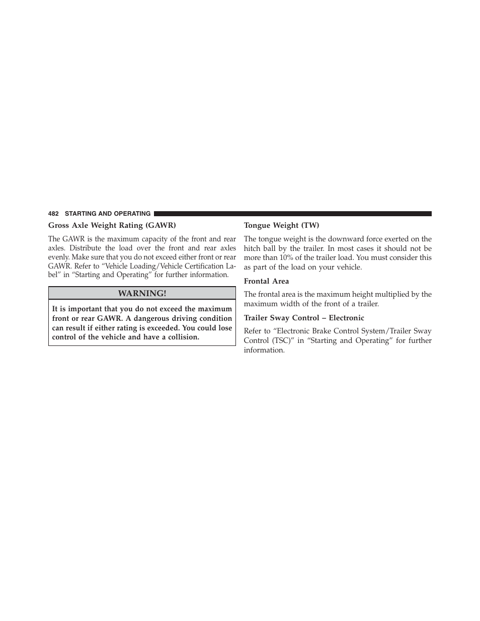 Gross axle weight rating (gawr), Tongue weight (tw), Frontal area | Trailer sway control – electronic | Dodge 2013 Journey - Owner Manual User Manual | Page 484 / 630