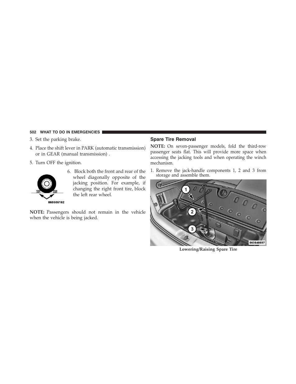 Spare tire removal | Dodge 2013 Journey - Owner Manual User Manual | Page 504 / 630