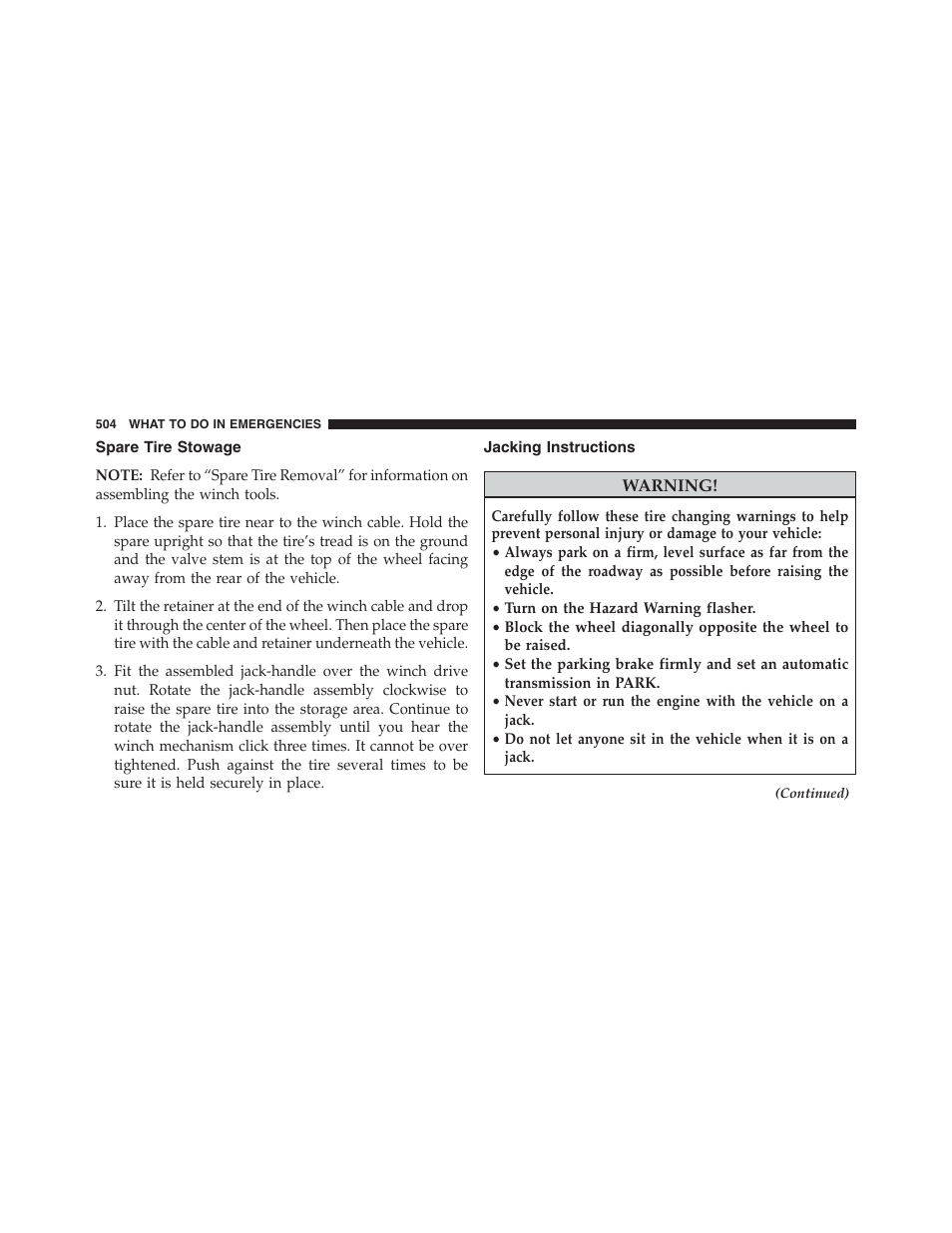 Spare tire stowage, Jacking instructions | Dodge 2013 Journey - Owner Manual User Manual | Page 506 / 630