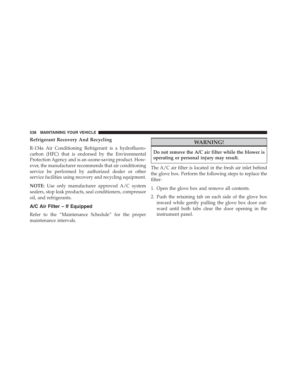 Refrigerant recovery and recycling, A/c air filter – if equipped | Dodge 2013 Journey - Owner Manual User Manual | Page 540 / 630