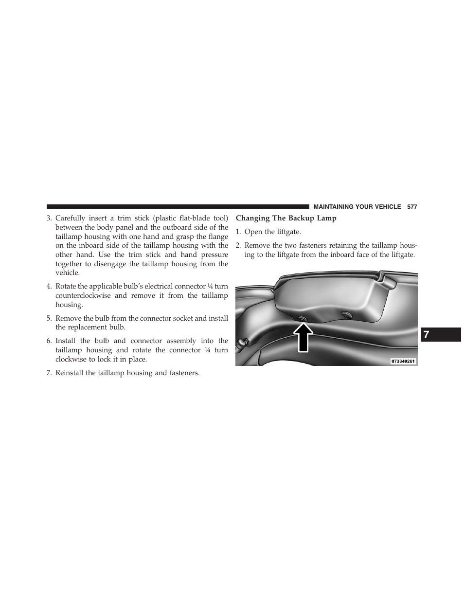 Changing the backup lamp | Dodge 2013 Journey - Owner Manual User Manual | Page 579 / 630