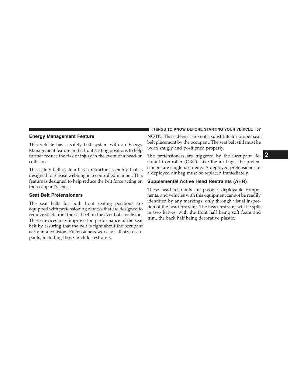 Energy management feature, Seat belt pretensioners, Supplemental active head restraints (ahr) | Dodge 2013 Journey - Owner Manual User Manual | Page 59 / 630