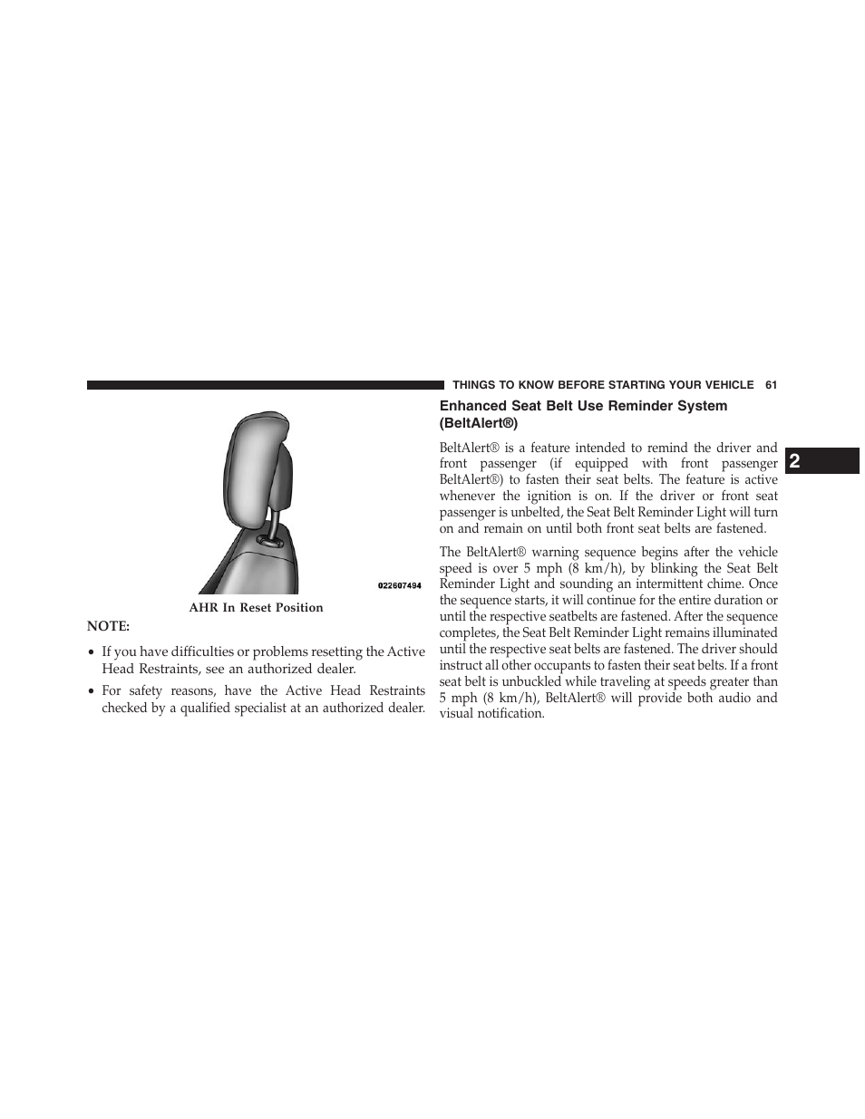 Enhanced seat belt use reminder system, Beltalert®) | Dodge 2013 Journey - Owner Manual User Manual | Page 63 / 630