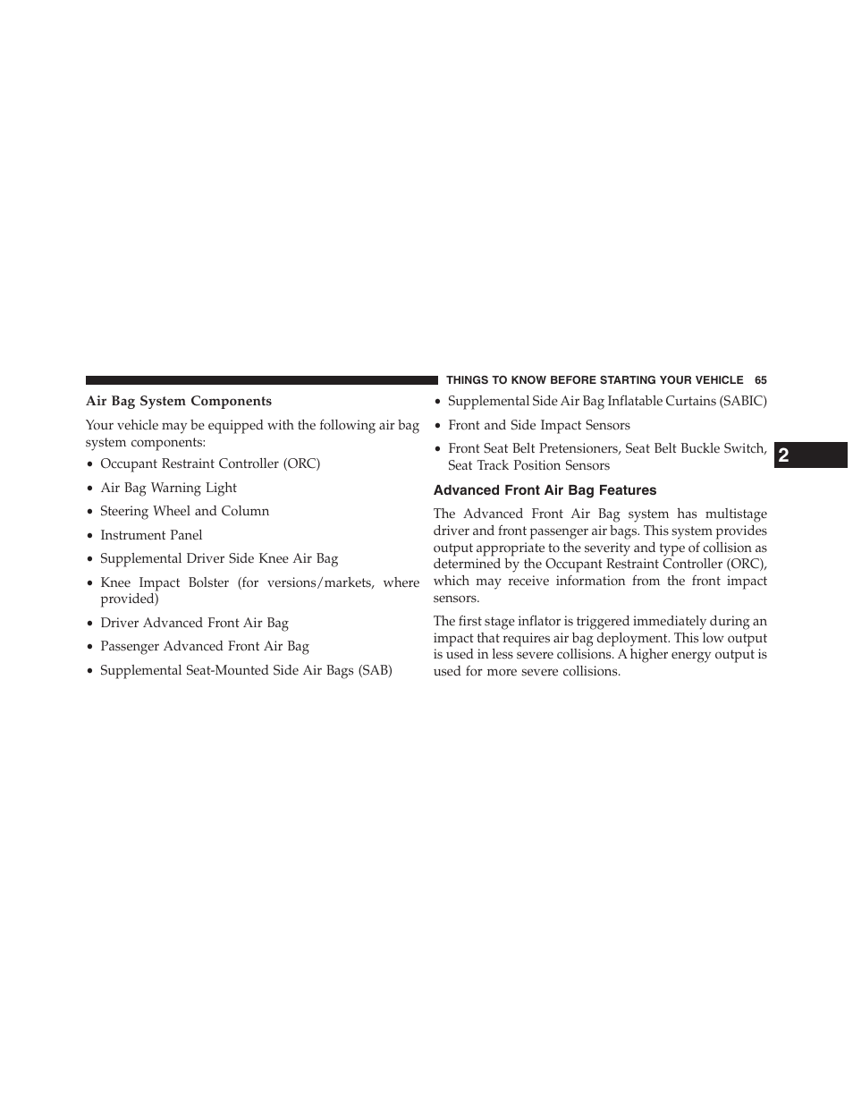 Air bag system components, Advanced front air bag features | Dodge 2013 Journey - Owner Manual User Manual | Page 67 / 630