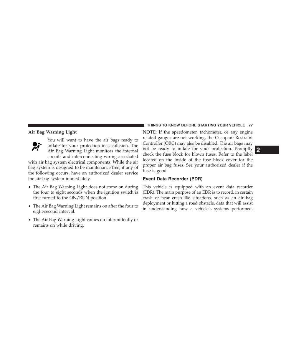 Air bag warning light, Event data recorder (edr) | Dodge 2013 Journey - Owner Manual User Manual | Page 79 / 630