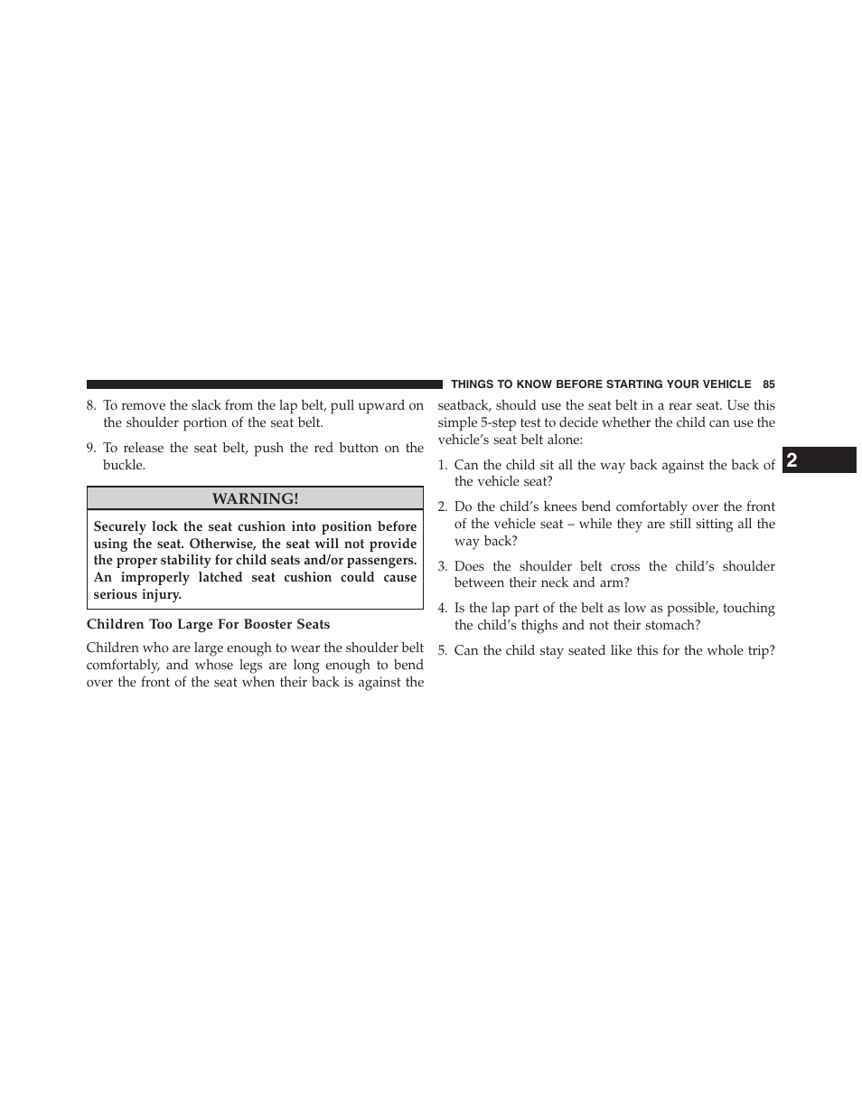 Children too large for booster seats | Dodge 2013 Journey - Owner Manual User Manual | Page 87 / 630