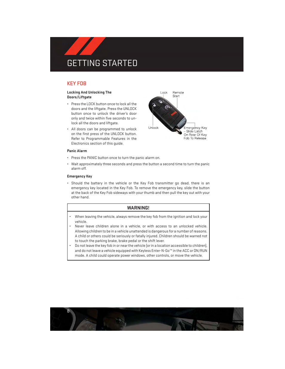 Getting started, Key fob, Locking and unlocking the doors/liftgate | Panic alarm, Emergency key | Dodge 2013 Journey - User Guide User Manual | Page 10 / 116