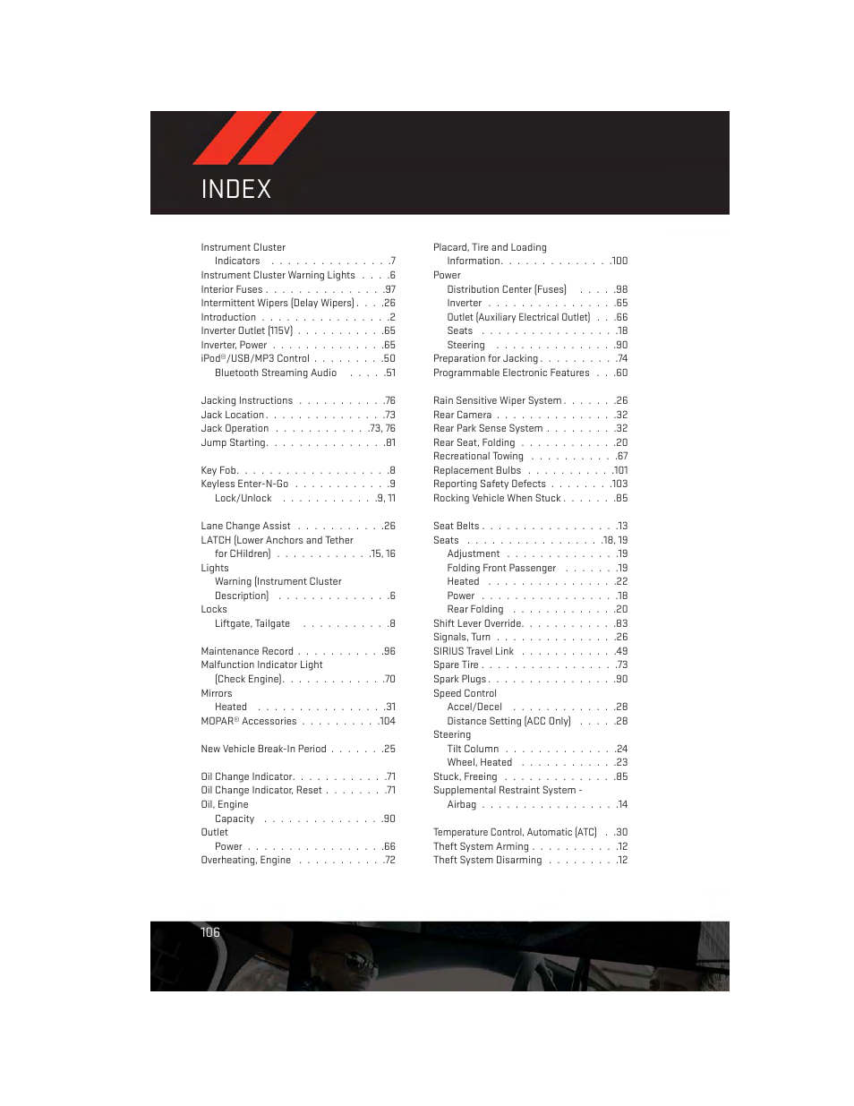 Index | Dodge 2013 Journey - User Guide User Manual | Page 108 / 116