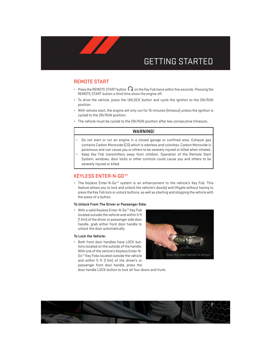 Remote start, Keyless enter-n-go, To unlock from the driver or passenger side | To lock the vehicle, Getting started | Dodge 2013 Journey - User Guide User Manual | Page 11 / 116