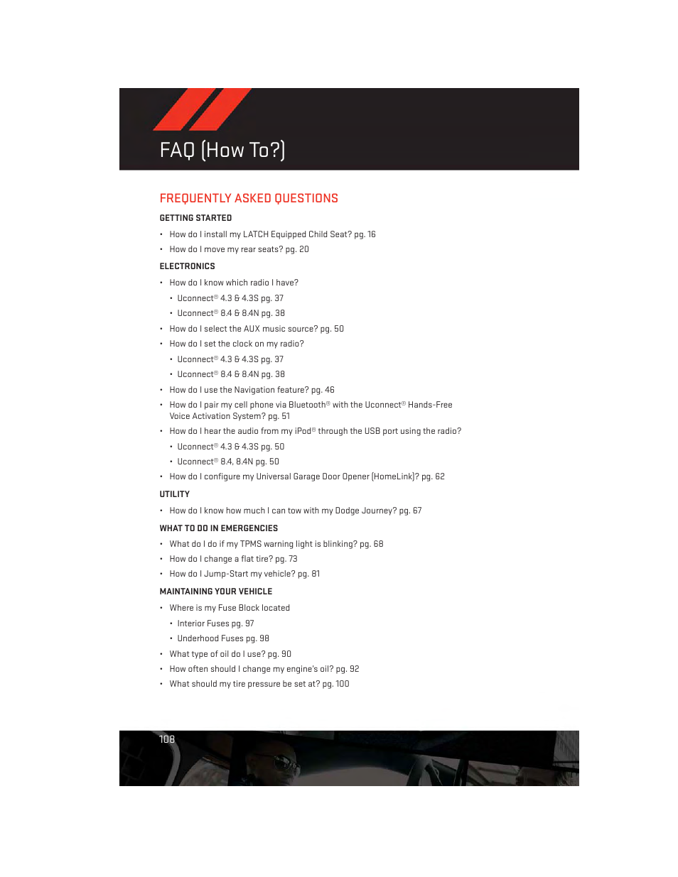 Faq (how to?), Frequently asked questions | Dodge 2013 Journey - User Guide User Manual | Page 110 / 116