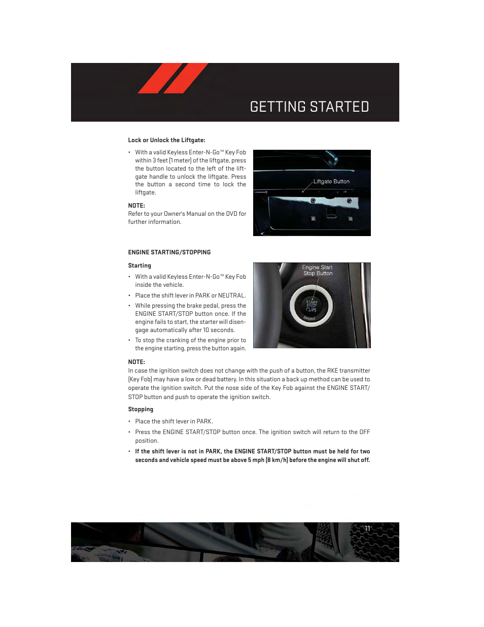 Lock or unlock the liftgate, Engine starting/stopping, Getting started | Dodge 2013 Journey - User Guide User Manual | Page 13 / 116