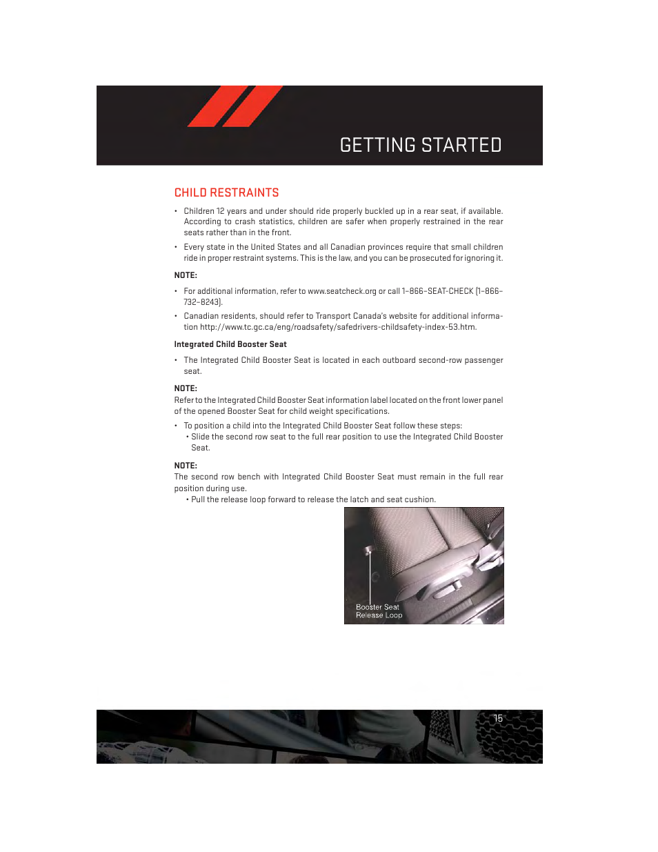 Child restraints, Integrated child booster seat, Getting started | Dodge 2013 Journey - User Guide User Manual | Page 17 / 116