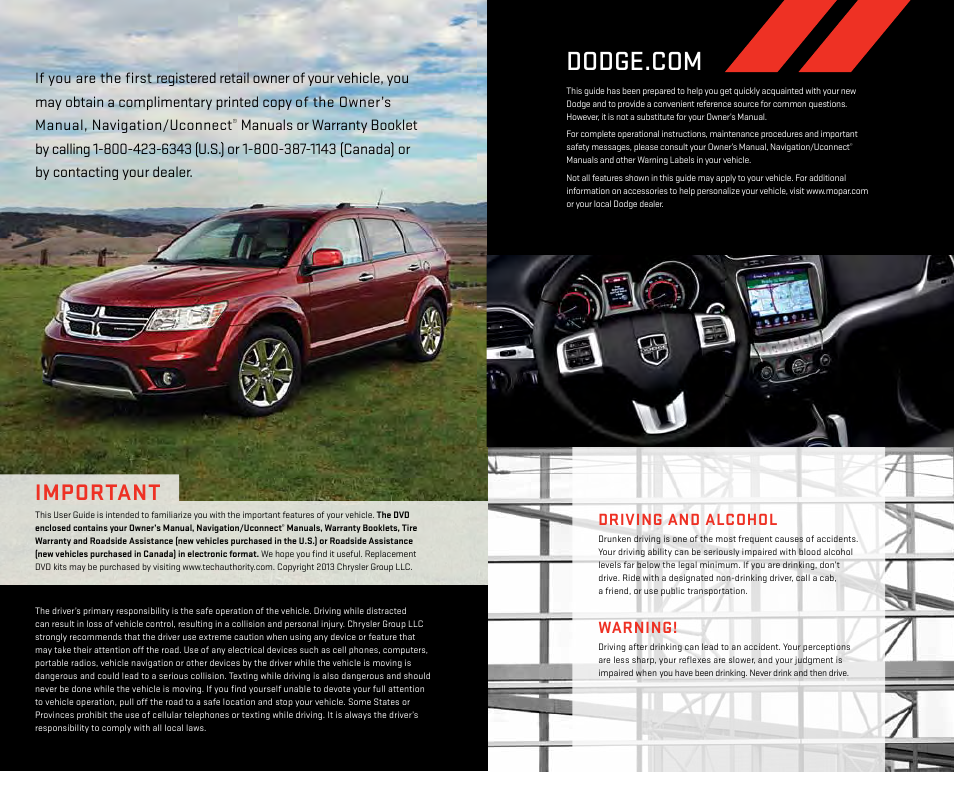 Important, Warning, Driving and alcohol | Dodge 2013 Journey - User Guide User Manual | Page 2 / 116