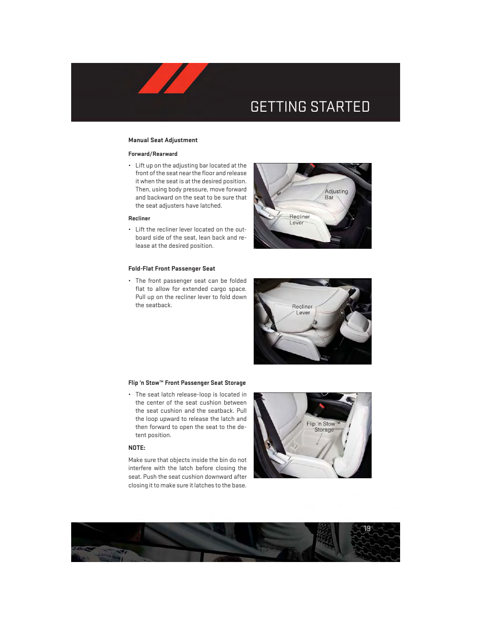 Manual seat adjustment, Fold-flat front passenger seat, Flip 'n stow™ front passenger seat storage | Getting started | Dodge 2013 Journey - User Guide User Manual | Page 21 / 116