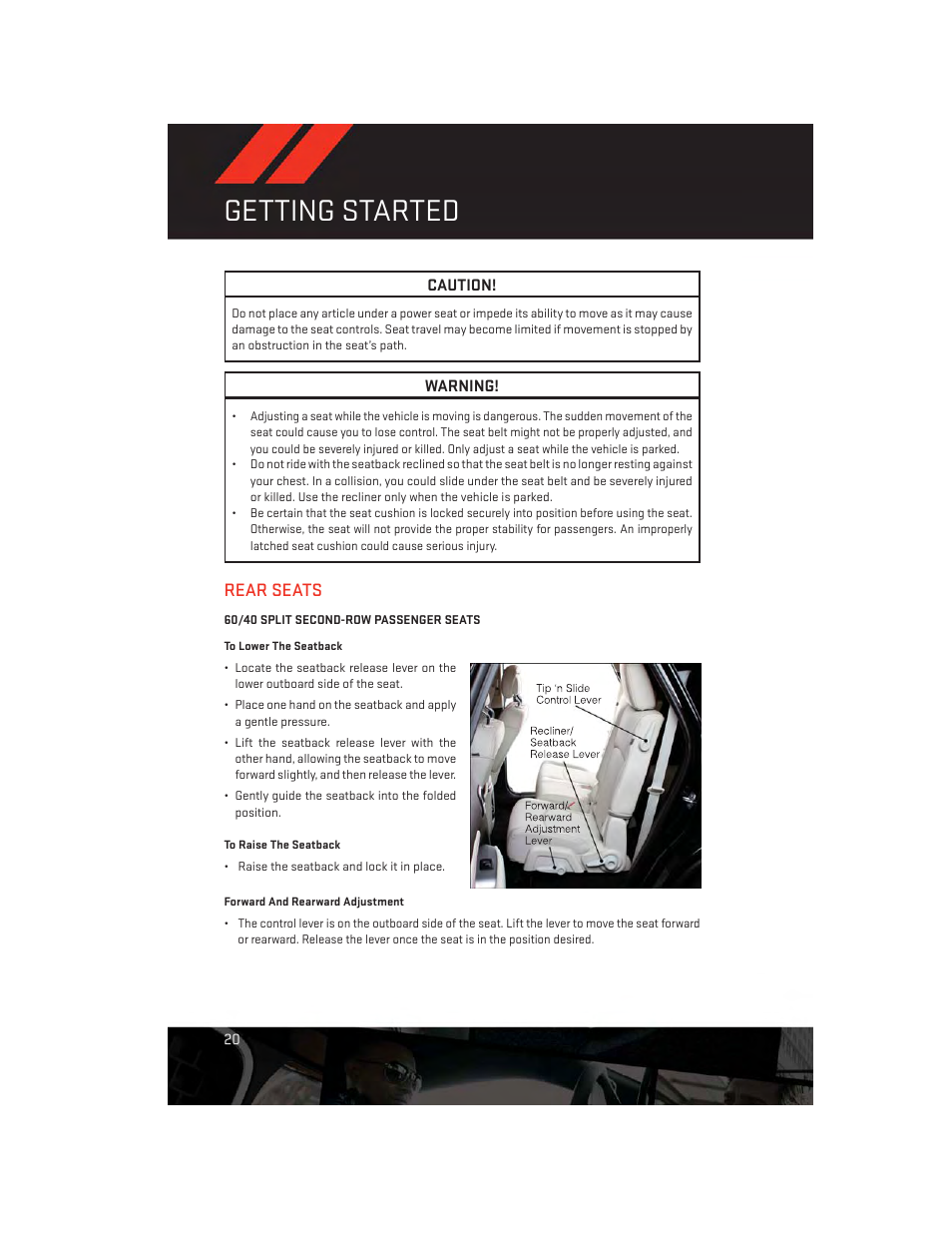 Rear seats, 60/40 split second-row passenger seats, Getting started | Dodge 2013 Journey - User Guide User Manual | Page 22 / 116