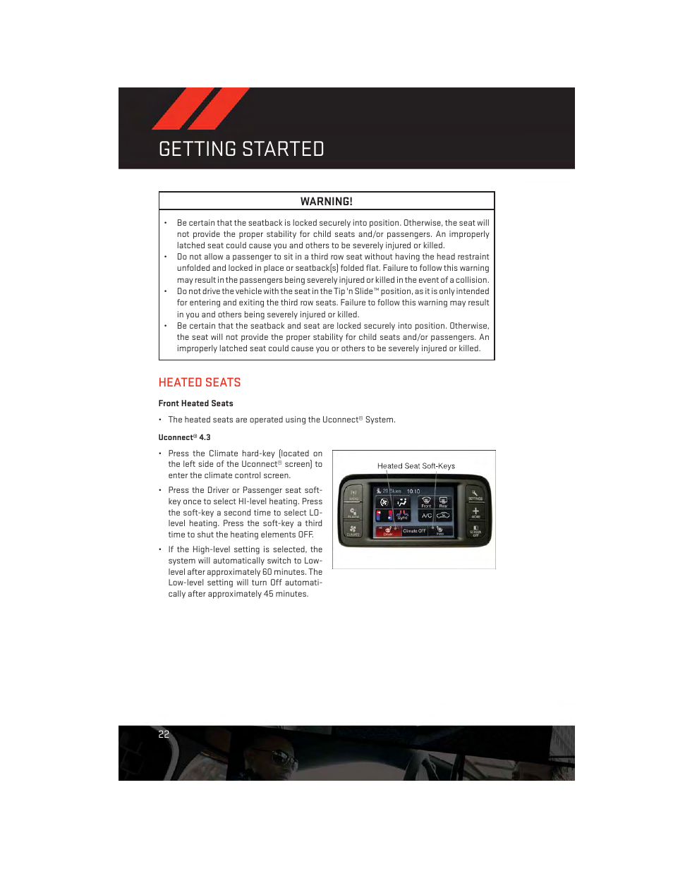 Heated seats, Front heated seats, Getting started | Dodge 2013 Journey - User Guide User Manual | Page 24 / 116