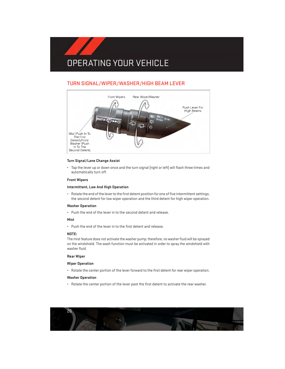 Turn signal/wiper/washer/high beam lever, Turn signal/lane change assist, Front wipers | Rear wiper, Operating your vehicle | Dodge 2013 Journey - User Guide User Manual | Page 28 / 116